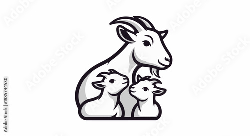 A stylized illustration of a mother goat and her two younglings