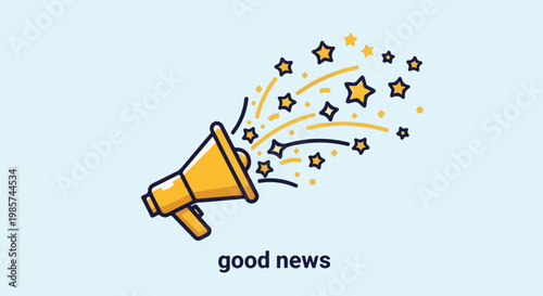 A yellow megaphone emits a burst of yellow stars and confetti against a light blue background