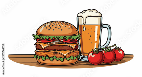 A tall double-patty burger, frothy beer, and ripe tomatoes on wood