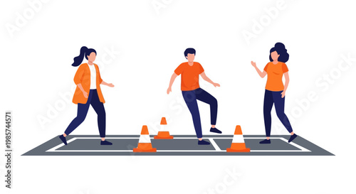 Three young people performing dance moves with traffic cones on a pedestrian crossing