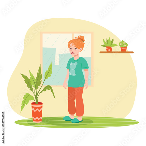 Sad young woman at home near window, bad mood, rainy day concept