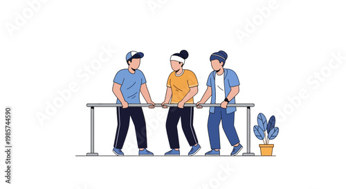 Three friends leaning on a railing socializing outdoors illustration
