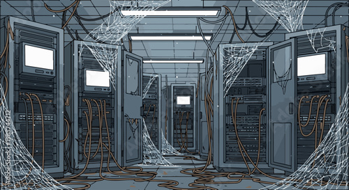 Abandoned server room filled with dusty computer racks and thick spiderwebs