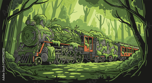 Abandoned steam train overgrown with moss and vines in a lush forest