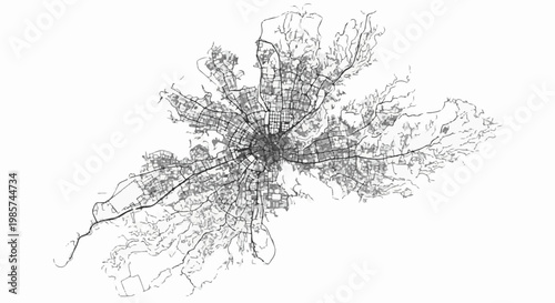 Abstract aerial view of a city's intricate street network and densely packed urban landscape