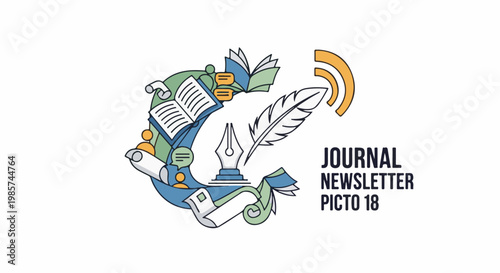 Abstract art depicting a quill, pen, open book, and communication icons