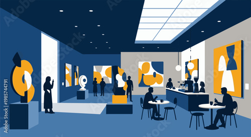 Abstract art gallery with sculptures, paintings, and a coffee bar