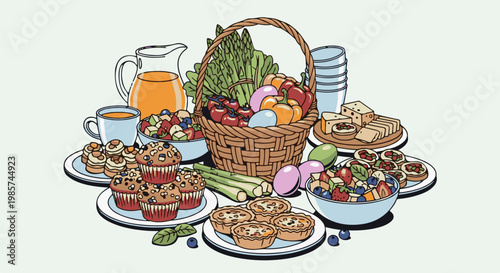 A still life illustration of a bountiful breakfast spread with fruits and baked goods