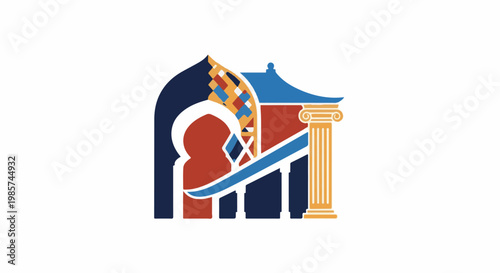 Abstract blend of architectural styles with arched doorway, column, and patterned roof