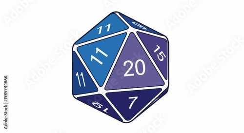 A twenty-sided die with blue and purple facets numbered 11, 15, 20, 7, and 8