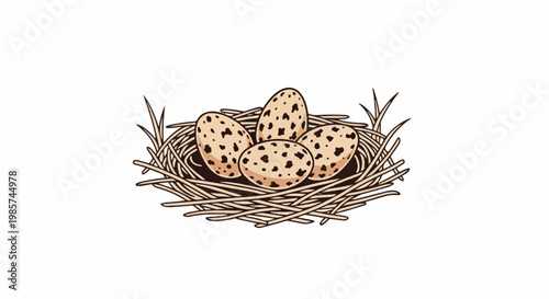A twig nest cradles four speckled eggs, with grass blades emerging from the side