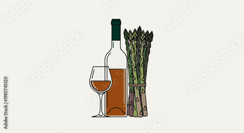 A still life of a wine bottle, glass, and bundle of asparagus