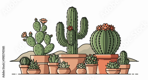 A variety of potted cacti with blooming flowers on a desert landscape