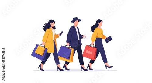 Business Professionals Walking with Shopping Bags in Urban Setting
