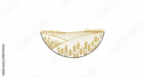A stylized field of wheat is depicted in a curved frame with golden tones