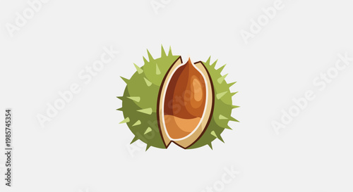 A stylized illustration of a spiky green husk with a split open revealing a brown nut