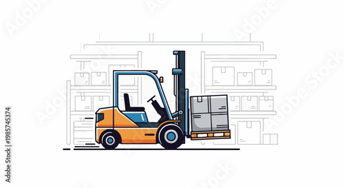 A stylized forklift lifts a pallet of boxes in a warehouse setting