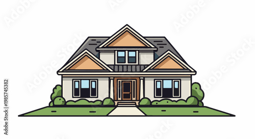 A stylized illustration of a two-story house with a pitched roof and green lawn