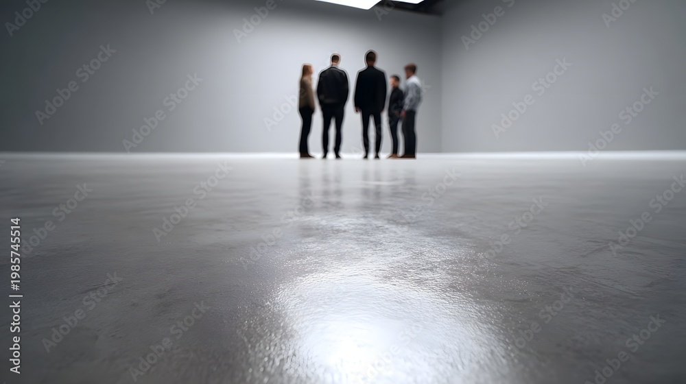 Obraz premium A professional team stands in a large expansive minimalist indoor studio with a polished concrete floor