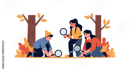 Children Exploring Nature with Magnifying Glasses in Autumn Forest
