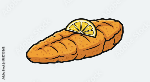 A stylized fried fish fillet with a lemon slice on top