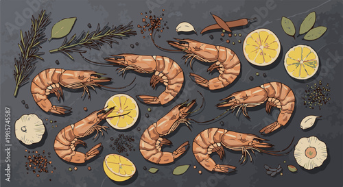 A still life illustration of shrimp, lemon slices, garlic, and herbs on a dark textured surface