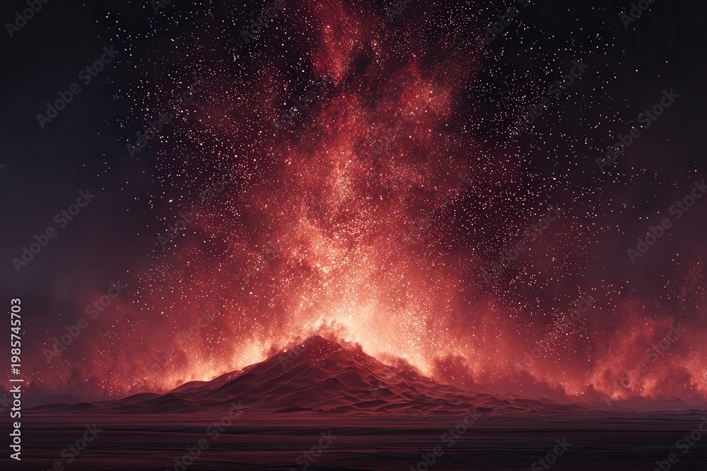 Fototapeta premium Erupting Volcano: A dramatic visualization of a volcano in the midst of a powerful eruption, spewing fiery lava and ash into the night sky, showcasing nature's raw and destructive power.