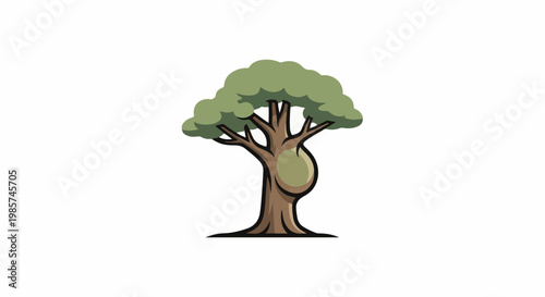 A stylized green-topped tree with a bulbous protrusion on its trunk