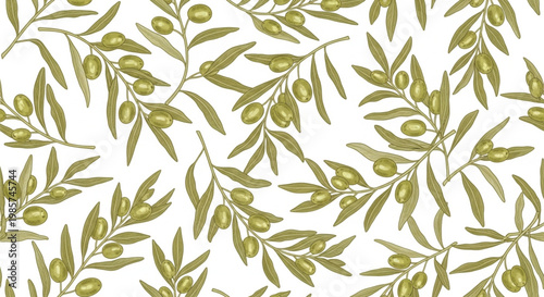 Olive branch seamless pattern, green leaves, olive tree foliage, vector botanical design