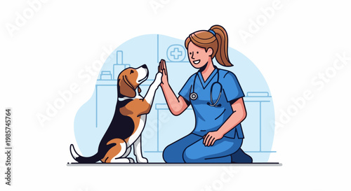 A veterinarian gives a beagle a high five in a clinic setting