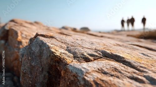 Textured foreground rock leads the eye toward distant figures hiking across a vast sunny landscape