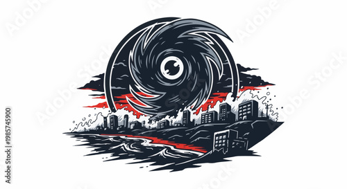 A stylized hurricane eye looms over a city under a stormy, red-tinged sky