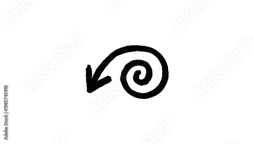 Black hand-drawn spiral arrow pointing left, isolated on transparent background