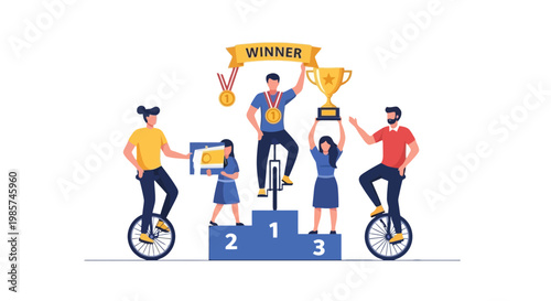 Winning Podium with Athletes and Coaches Celebrating Victory