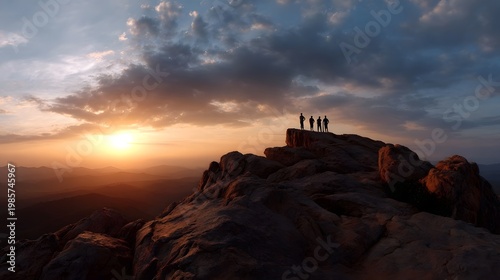 A small group of people stand in silhouette on a rugged peak overlooking a vast landscape during a dramatic sunset