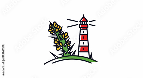 A stylized illustration features a red and white striped lighthouse