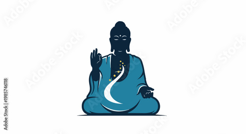 A stylized dark blue Buddha figure in meditation, draped in a bright blue robe