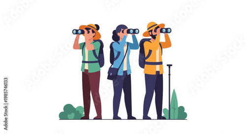 Group of Hikers with Binoculars Exploring Nature Adventure