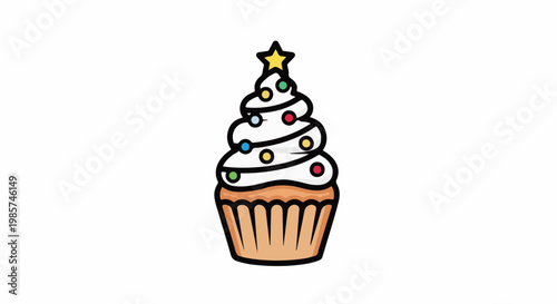 A stylized cupcake decorated as a Christmas tree