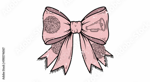 A stylized pink bow adorned with pom-poms and a megaphone graphic
