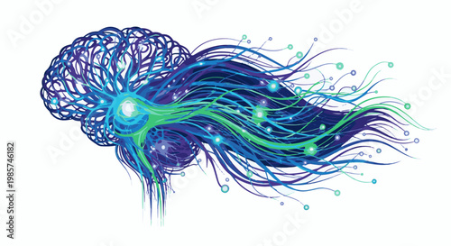 A vibrant abstract representation of a brain with glowing neural pathways, energy flows, and connections