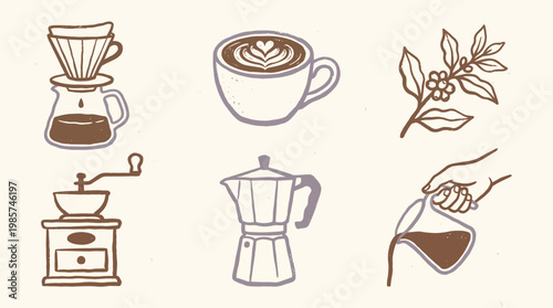 Authentic Coffee Shop Branding Elements Collection with Hand-Drawn Barista Tools, Specialty Coffee Brewing Methods, and Decorative Botanical Coffee Leaves for Cafe Identity.