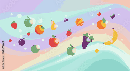 A vibrant assortment of fruits drifts across a pastel, wavy background