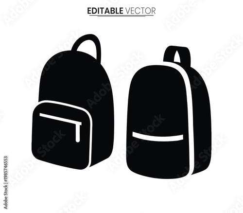 Two black backpacks displayed in a simple modern vector illustration silhouette