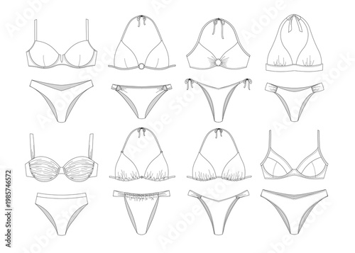 Variety of women's bikini designs - front, back, and different styles illustrated vector illustration