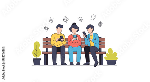 Young people sitting on park bench using smartphones and tablets