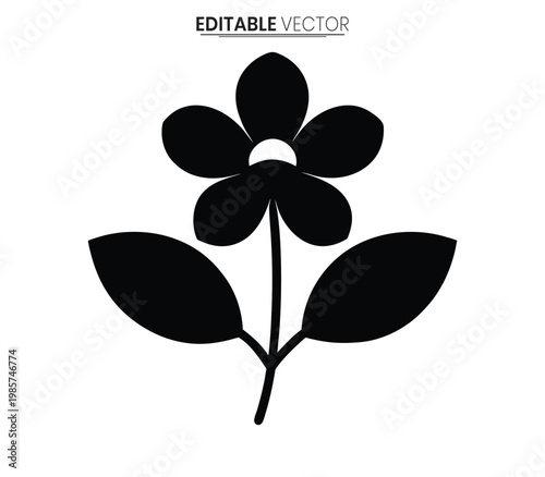 Simple floral design featuring a black flower and leaves vector silhouette