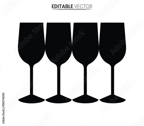 Four black wine glasses in a row simple graphic design silhouette