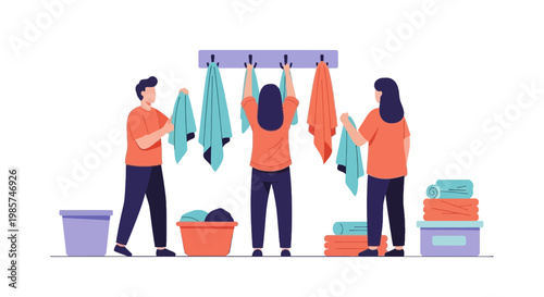 People Doing Laundry and Hanging Clothes for Drying