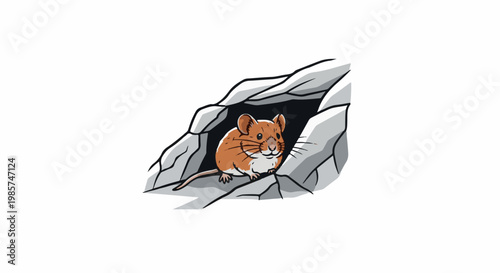 A small, brown and white mouse peeks out from a dark cave entrance